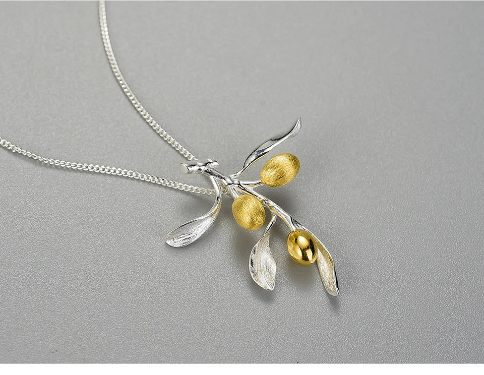 JN-003-UU】Lotus Fun Luxury Olive Leaves Branch Fruits Pendant Fashion Real 925 Sterling Silver Necklace for Women Vintage Fine Jewelry