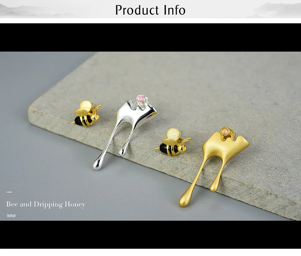 JE-002-UU】Lotus Fun Real 925 Sterling Silver Handmade Fine Jewelry 18K Gold Bee and Dripping Honey Asymmetric Stud Earrings