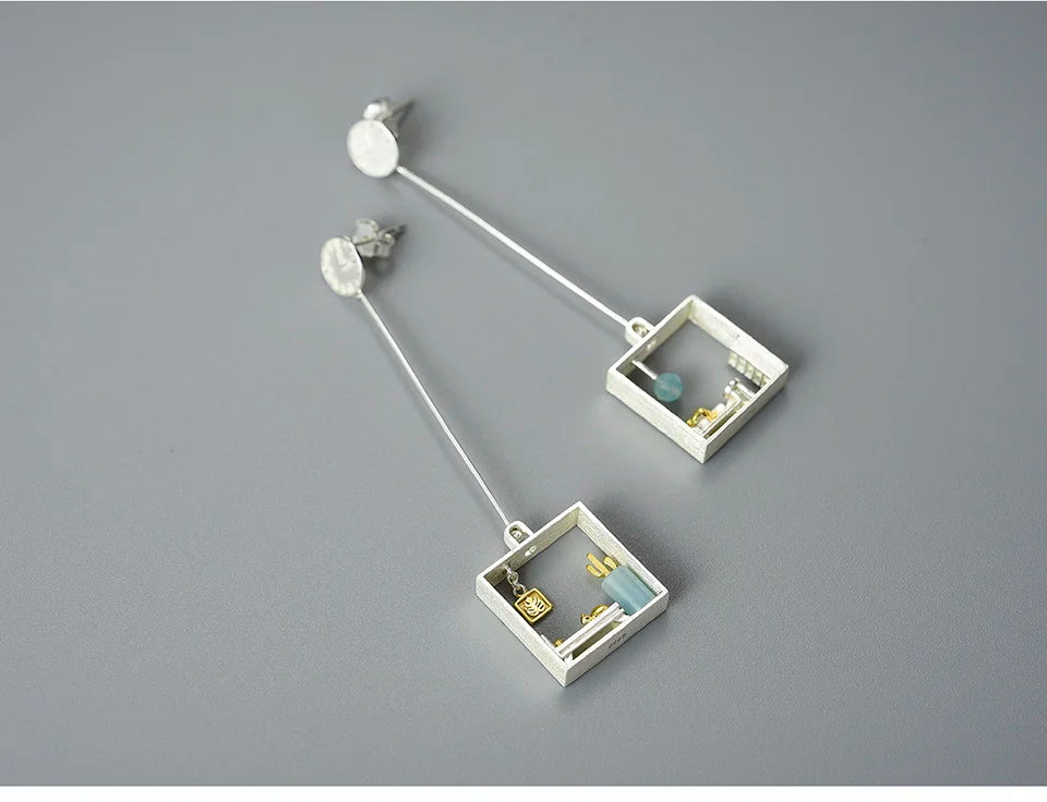 JE-010-UU】Lotus Fun Real 925 Sterling Silver Lazy Cat at Home Dangle Earrings Handmade Designer Fine Jewelry Square Big Earrings for Women