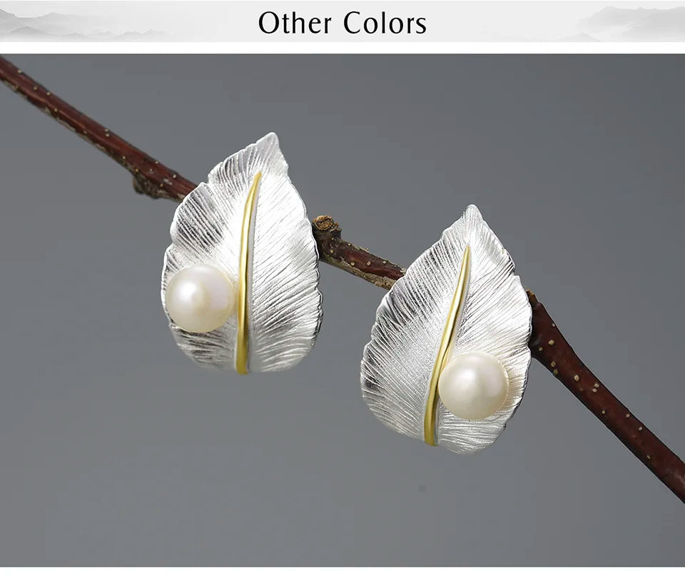 JE-012-UU】Lotus Fun 18K Gold Natural Pearl Unusual New Leaf  Stud Earrings for Women Original Real 925 Sterling Silver Luxury Fine Jewelry