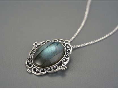 JN-014-UU】Lotus Fun Real 925 Sterling Silver Natural Labradorite Stone Handmade Fine Jewelry Vintage Pendant without Necklace