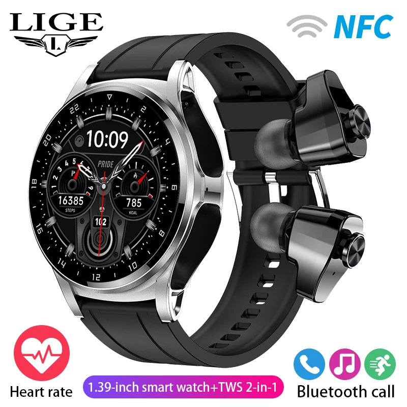 WM-A024-UUJ】LIGE NFC Smart Watch Men Women Smart Watch 2023 TWS Bluetooth Earphone Call Music Health Monitor 400mAh Sport Fitness