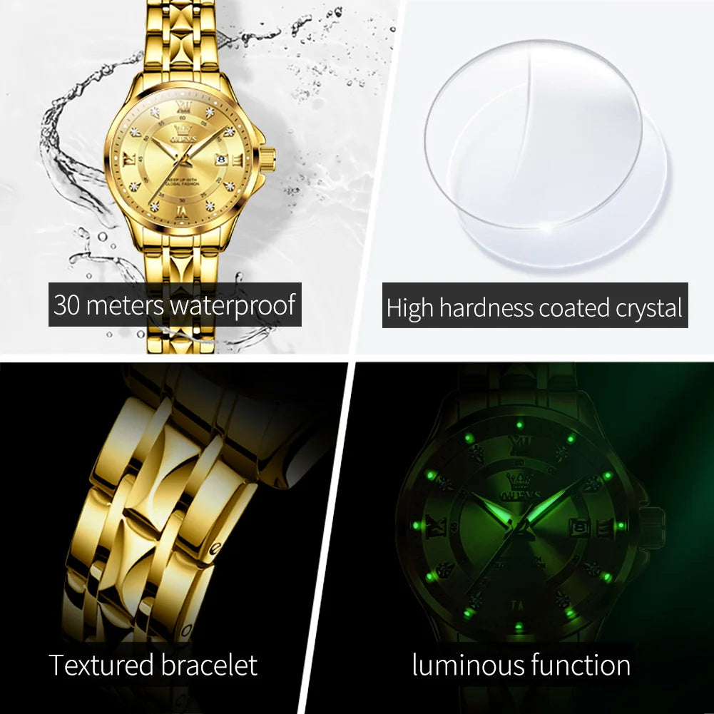 WW-001-UU】OLEVS Women‘s Watches Luxury Fashion Gold Small Wristwatch for Ladies Original Waterproof Rhombus Stainless Steel Strap Date