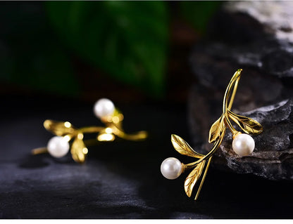 JE-022-UU】Lotus Fun Real 925 Sterling Silver Natural Pearl Earrings Fine Jewelry Waterdrops from the Olive Leaves Drop Earrings for Women