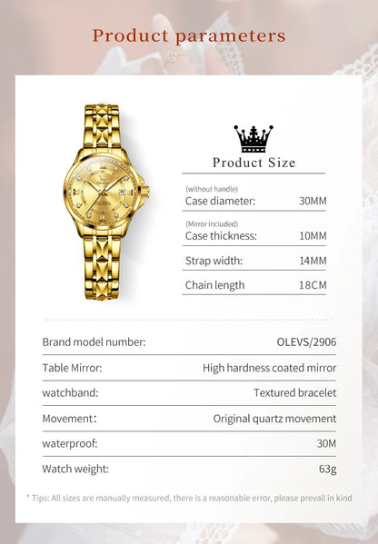 WW-001-UU】OLEVS Women‘s Watches Luxury Fashion Gold Small Wristwatch for Ladies Original Waterproof Rhombus Stainless Steel Strap Date