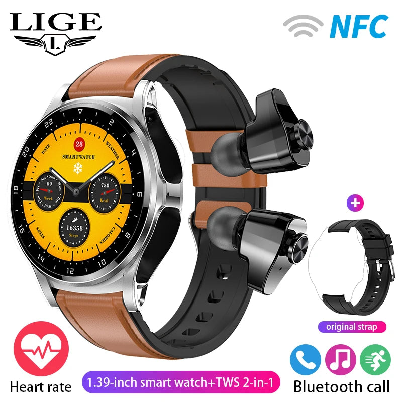 WM-A024-UUJ】LIGE NFC Smart Watch Men Women Smart Watch 2023 TWS Bluetooth Earphone Call Music Health Monitor 400mAh Sport Fitness