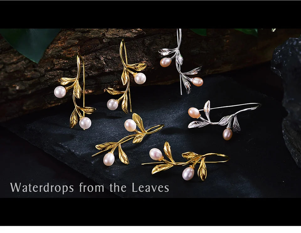 JE-022-UU】Lotus Fun Real 925 Sterling Silver Natural Pearl Earrings Fine Jewelry Waterdrops from the Olive Leaves Drop Earrings for Women