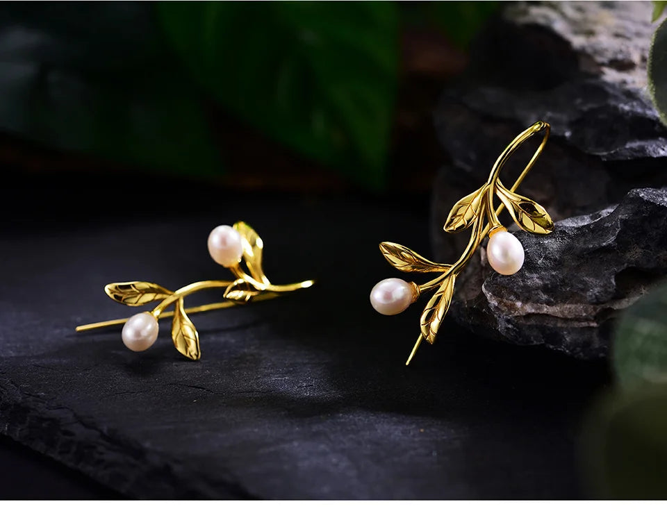 JE-022-UU】Lotus Fun Real 925 Sterling Silver Natural Pearl Earrings Fine Jewelry Waterdrops from the Olive Leaves Drop Earrings for Women