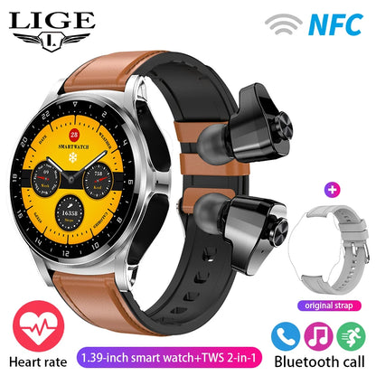 WM-A024-UUJ】LIGE NFC Smart Watch Men Women Smart Watch 2023 TWS Bluetooth Earphone Call Music Health Monitor 400mAh Sport Fitness