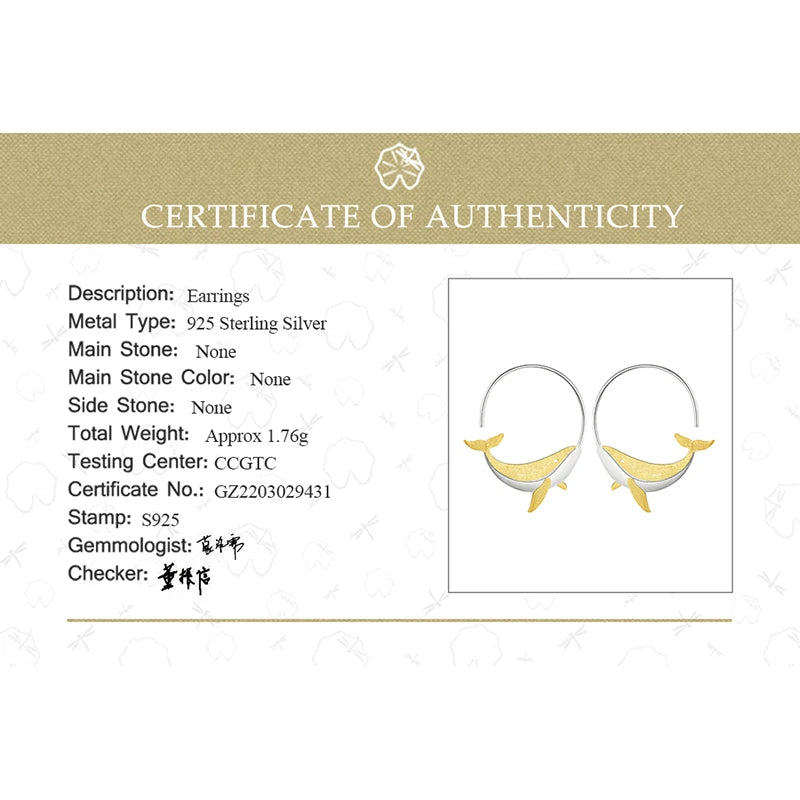 JE-003-UU】Lotus Fun 18K Gold Personality Whale Round Hoop Earrings for Women Real 925 Sterling Silver Original Animal Fashion Fine Jewelry