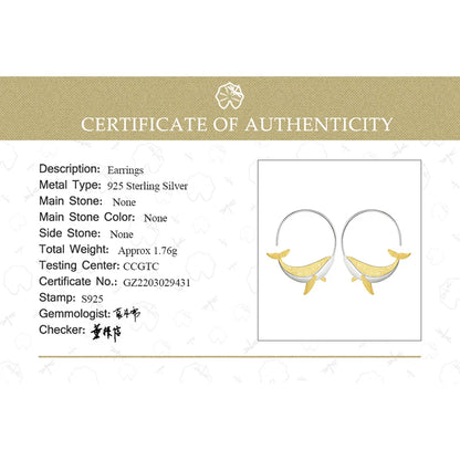 JE-003-UU】Lotus Fun 18K Gold Personality Whale Round Hoop Earrings for Women Real 925 Sterling Silver Original Animal Fashion Fine Jewelry