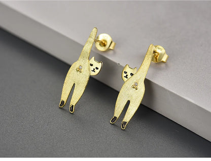 JE-020-UU】Lotus Fun 18K Gold Unusual Long Naughty Kitten Cat Stud Earrings for Women Gift Real 925 Sterling Silver Original Modern Jewelry