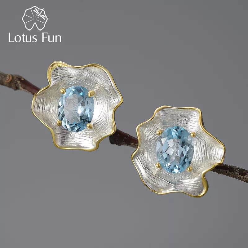 JE-019-UU】Lotus Fun Natural Topaz Gemstone Curled Leaf Stud Earrings for Women 925 Sterling Silver Vintage Baroque Style Luxury Jewelry