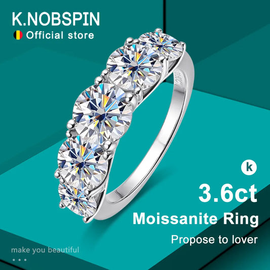 JR-012-UU】KNOBSPIN 5 Stones 3.6CT D Color Moissanite Rings for Women Sparkling Diamonds with Certificates 925 Sterling Sliver Wedding Ring