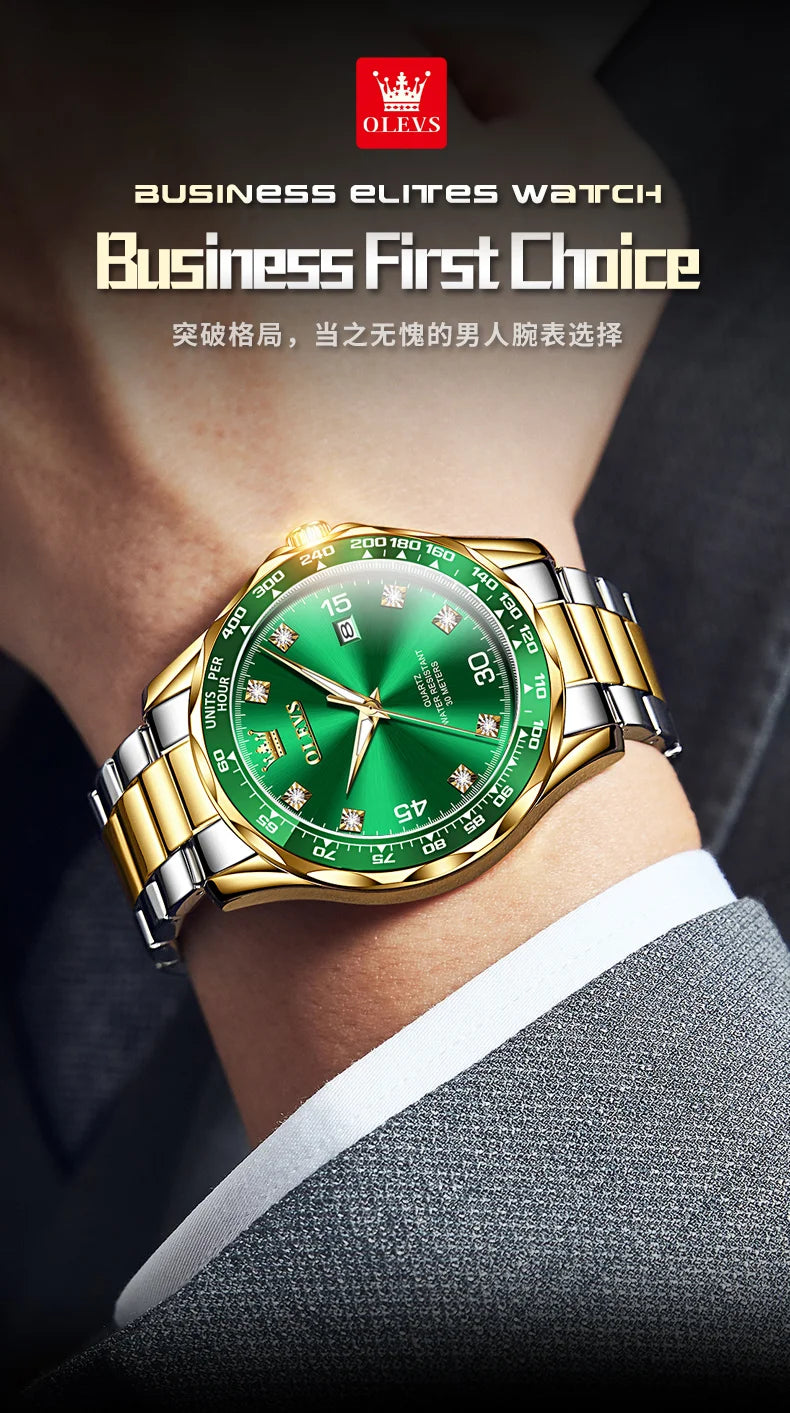 MW-007-UU】OLEVS Golden Green Quartz Watch for Men Luxury Brand Diving Waterproof Stainless steel Rubber Strap Men's Watches