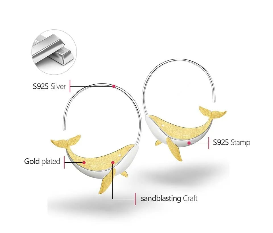 JE-003-UU】Lotus Fun 18K Gold Personality Whale Round Hoop Earrings for Women Real 925 Sterling Silver Original Animal Fashion Fine Jewelry