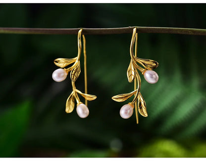 JE-022-UU】Lotus Fun Real 925 Sterling Silver Natural Pearl Earrings Fine Jewelry Waterdrops from the Olive Leaves Drop Earrings for Women