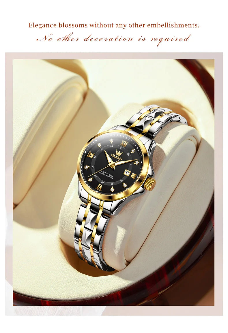 WW-001-UU】OLEVS Women‘s Watches Luxury Fashion Gold Small Wristwatch for Ladies Original Waterproof Rhombus Stainless Steel Strap Date