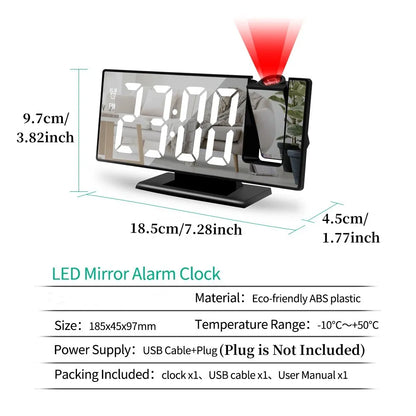 WT-007-UU】Digital Alarm Clock 180° Rotation Projection Alarm Clock with Time Temperature Snooze Table Clock 12/24H USB Projector LED Clock