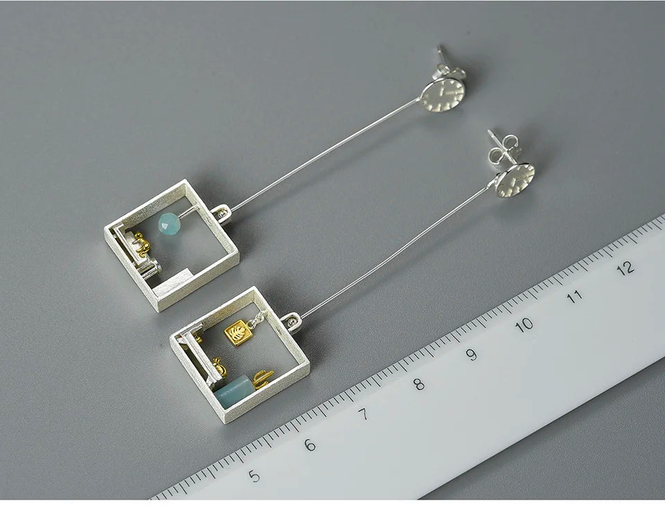 JE-010-UU】Lotus Fun Real 925 Sterling Silver Lazy Cat at Home Dangle Earrings Handmade Designer Fine Jewelry Square Big Earrings for Women