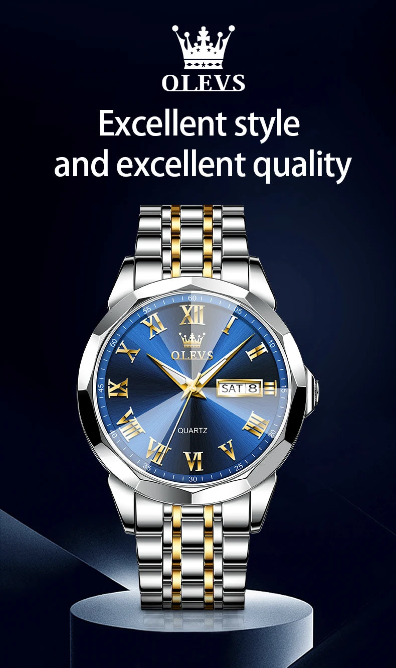 MW-009-UU】OLEVS Business Male Wristwatch Top Brand Luxury Waterproof Stainless Steel Watch For Men Dual Calendar Rhombus