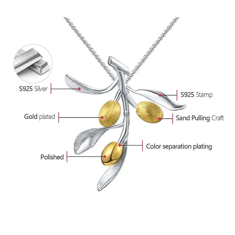 JN-003-UU】Lotus Fun Luxury Olive Leaves Branch Fruits Pendant Fashion Real 925 Sterling Silver Necklace for Women Vintage Fine Jewelry