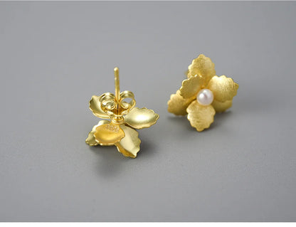 JE-016-UU】Lotus Fun Original 18K Gold Natural Pearl Delicate Begonia Flower Stud Earrings for Women 925 Sterling Silver Fashion Jewelry