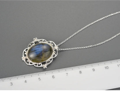 JN-014-UU】Lotus Fun Real 925 Sterling Silver Natural Labradorite Stone Handmade Fine Jewelry Vintage Pendant without Necklace