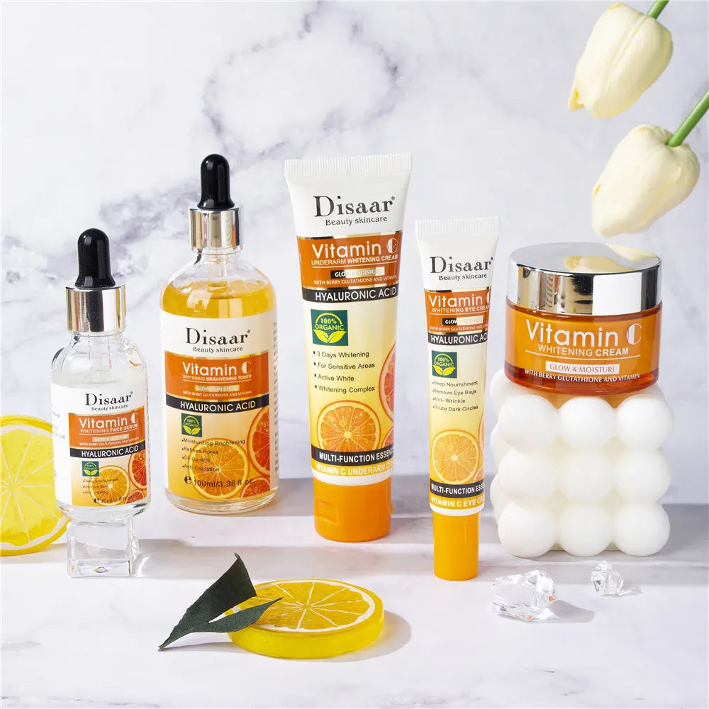 BS-006-UU】Disaar Vitamin C Facial Whitening Care Set Face Cleanser Fade Dark Circles Eye Cream Essence Lighten Spots VC Brightening Care