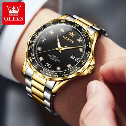 MW-007-UU】OLEVS Golden Green Quartz Watch for Men Luxury Brand Diving Waterproof Stainless steel Rubber Strap Men's Watches