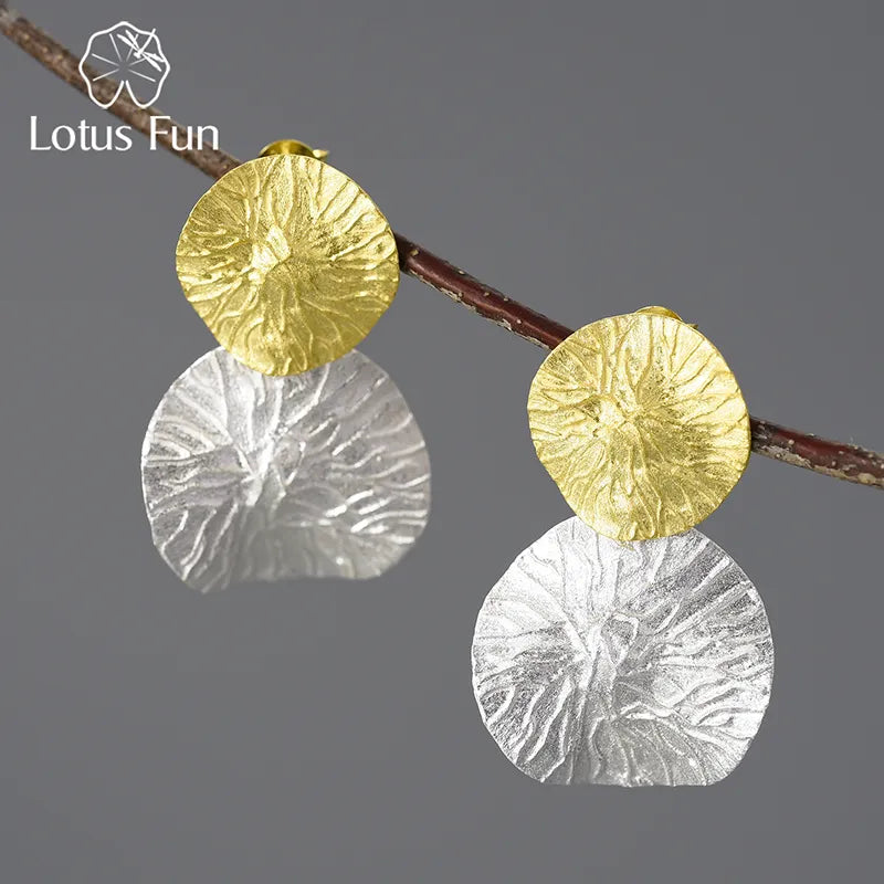 JE-014-UU】Lotus Fun Minimalism Round Vintage Double Lotus Leaves Dangle Earrings for Women Real 925 Sterling Silver Statement Fine Jewelry