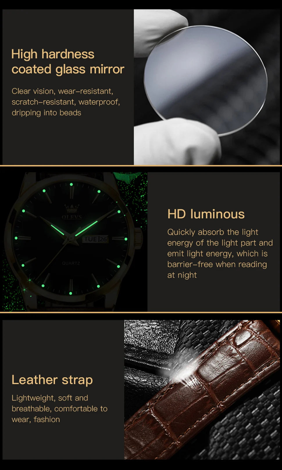 MW-012-UU】OLEVS Men`s Quartz Watches Brand Luxury Casual Fashion Men's Watch For Gifts Breathable leather Waterproof