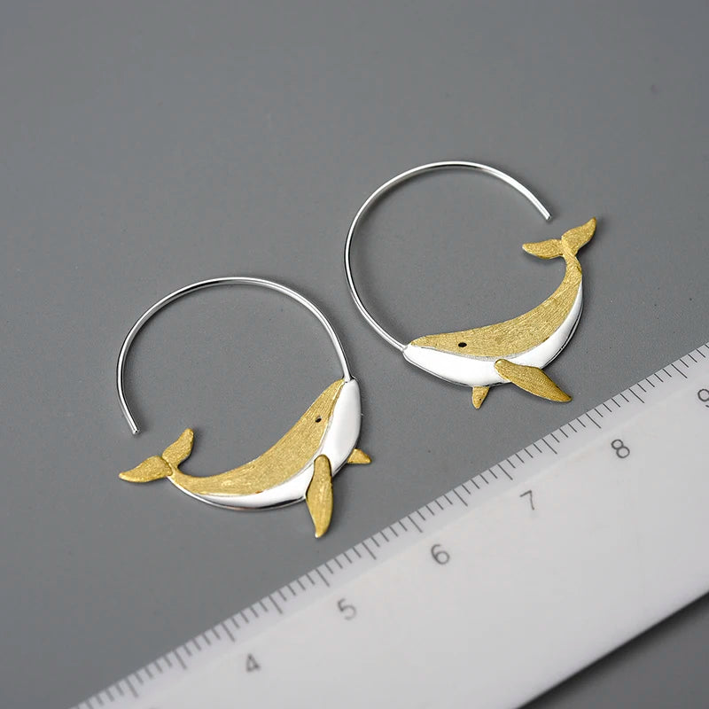 JE-003-UU】Lotus Fun 18K Gold Personality Whale Round Hoop Earrings for Women Real 925 Sterling Silver Original Animal Fashion Fine Jewelry