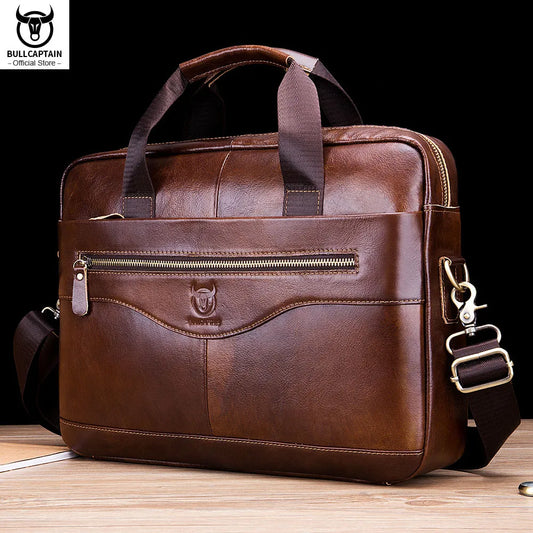 LM-002-UU】BULLCAPTAIN Briefcase Shoulder Messenger Bags Men's Genuine Leather 14-inch Laptop Bag's Men's Briefcase Office Business Handbag