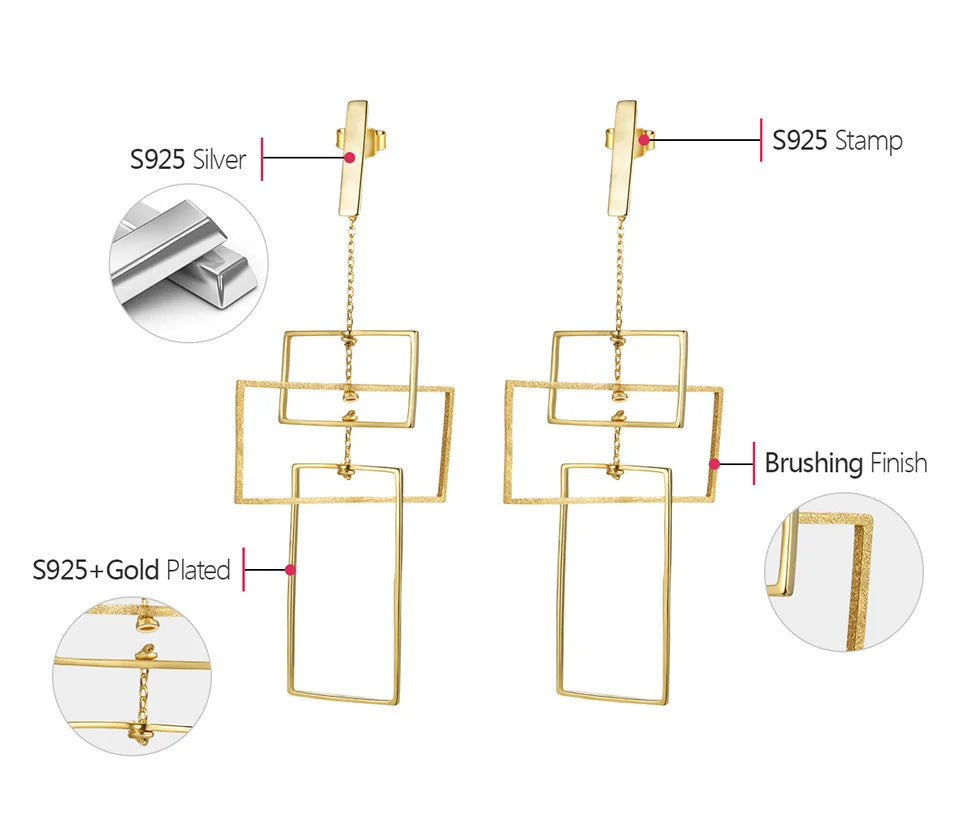 JE-015-UU] Lotus Fun リアル 925 スターリングシルバー ファインジュエリー ファッション要素 18K ゴールド幾何学的長方形デザイン ダングル イヤリング 女性用