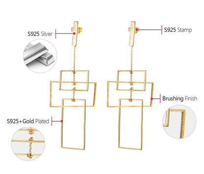 JE-015-UU] Lotus Fun リアル 925 スターリングシルバー ファインジュエリー ファッション要素 18K ゴールド幾何学的長方形デザイン ダングル イヤリング 女性用