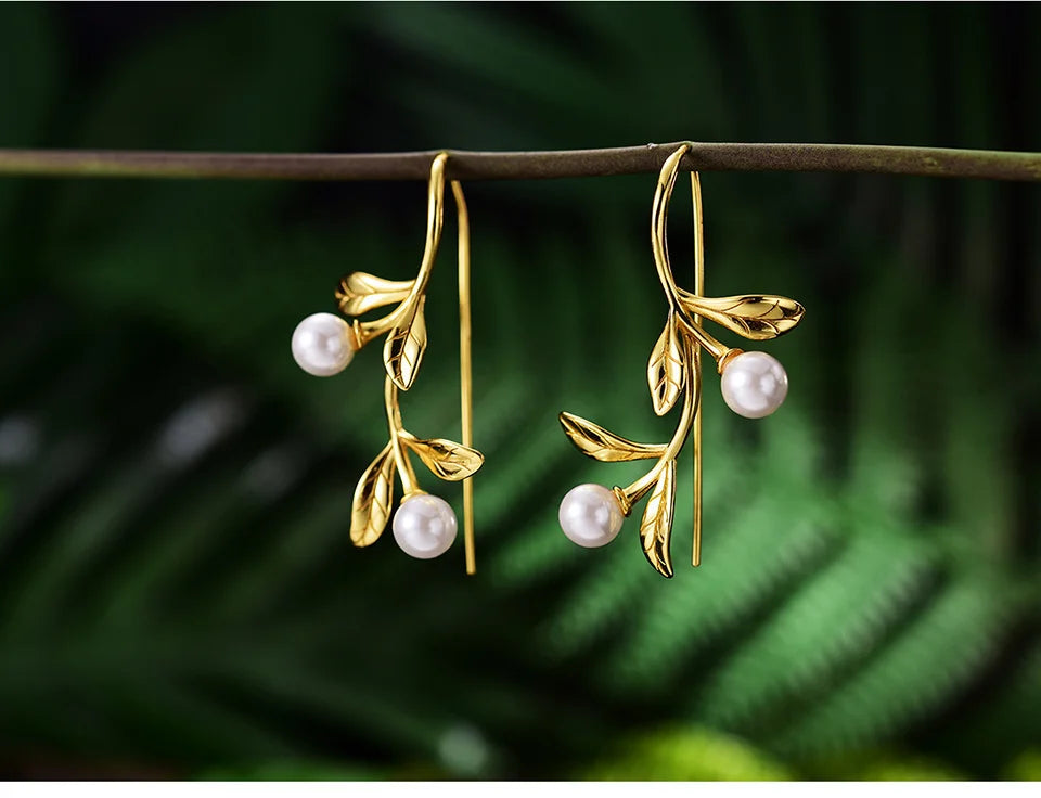 JE-022-UU】Lotus Fun Real 925 Sterling Silver Natural Pearl Earrings Fine Jewelry Waterdrops from the Olive Leaves Drop Earrings for Women