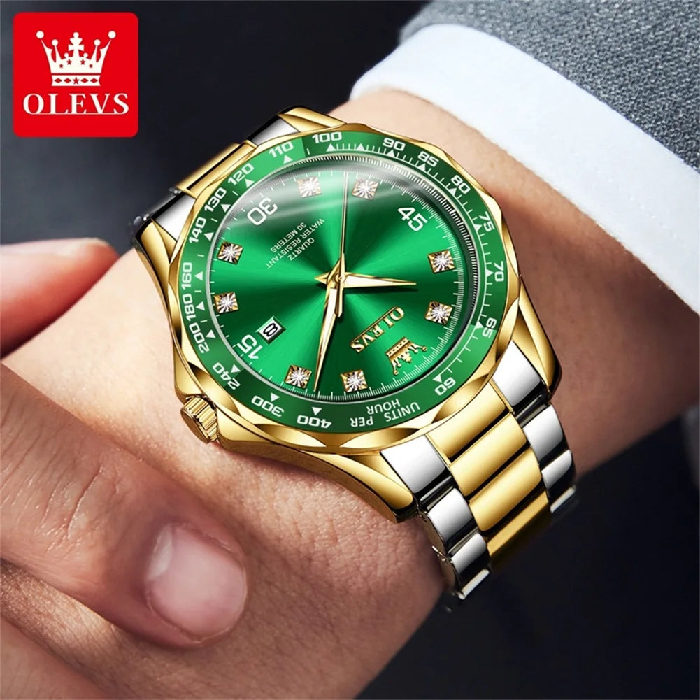 MW-007-UU】OLEVS Golden Green Quartz Watch for Men Luxury Brand Diving Waterproof Stainless steel Rubber Strap Men's Watches