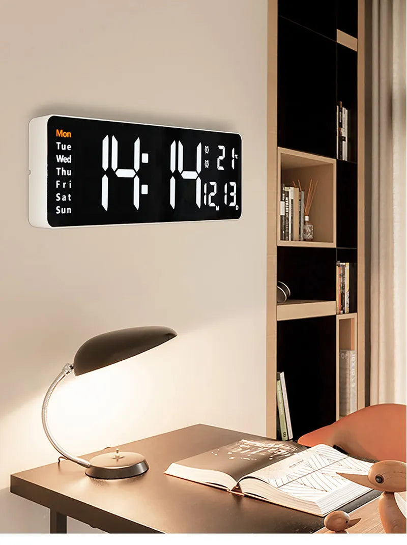 WT-001-UU】Large Digital LED Wall Clock Calendar with Dual Alarms,Temperature Thermometer for Bedroom Living Room Table Desktop Decoration