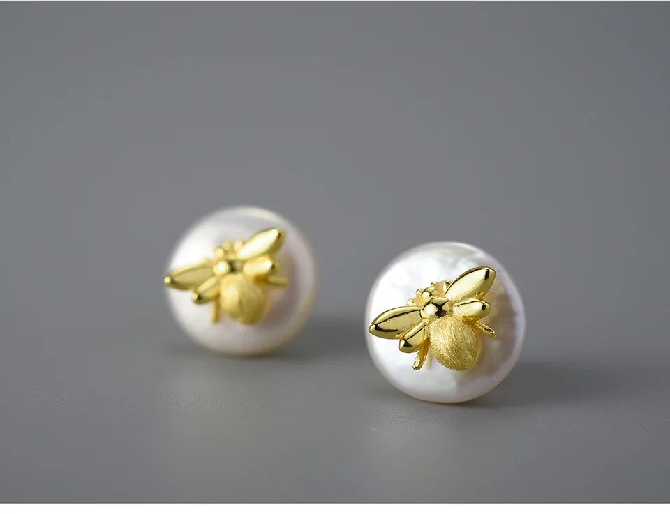 JE-021-UU】Lotus Fun Unusual Vintage Natural Baroque Pearl 18K Gold Bee Stud Earrings for Women Real 925 Sterling Silver Party Fine Jewelry