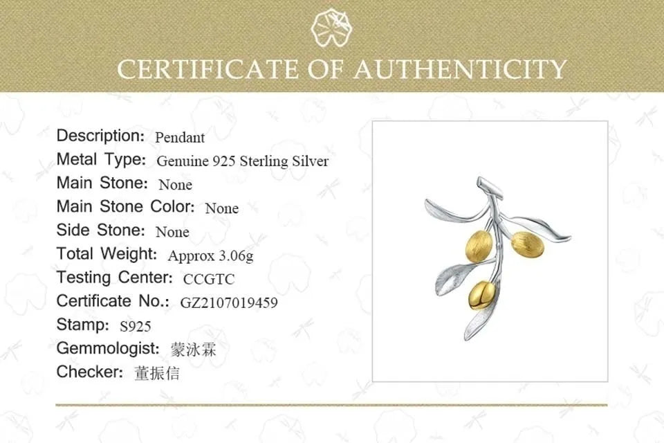 JN-003-UU】Lotus Fun Luxury Olive Leaves Branch Fruits Pendant Fashion Real 925 Sterling Silver Necklace for Women Vintage Fine Jewelry