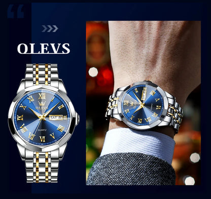 MW-009-UU】OLEVS Business Male Wristwatch Top Brand Luxury Waterproof Stainless Steel Watch For Men Dual Calendar Rhombus