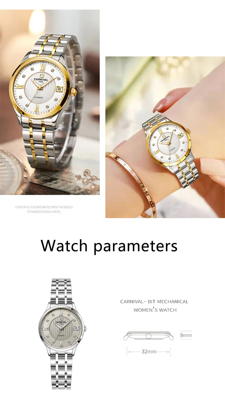 WW-003-UU】 New Carnival Fashion Women Mechanical Watches 316L Sapphire Stainless Steel Waterproof MIYOTA Movement Automatic Watch