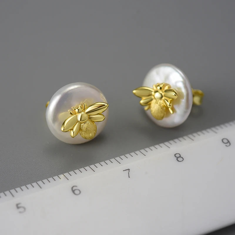 JE-021-UU】Lotus Fun Unusual Vintage Natural Baroque Pearl 18K Gold Bee Stud Earrings for Women Real 925 Sterling Silver Party Fine Jewelry