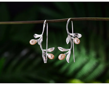 JE-022-UU】Lotus Fun Real 925 Sterling Silver Natural Pearl Earrings Fine Jewelry Waterdrops from the Olive Leaves Drop Earrings for Women