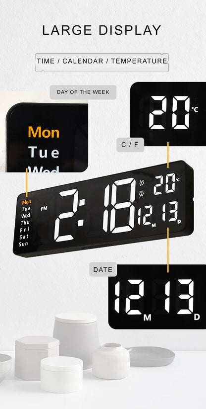 WT-001-UU】Large Digital LED Wall Clock Calendar with Dual Alarms,Temperature Thermometer for Bedroom Living Room Table Desktop Decoration