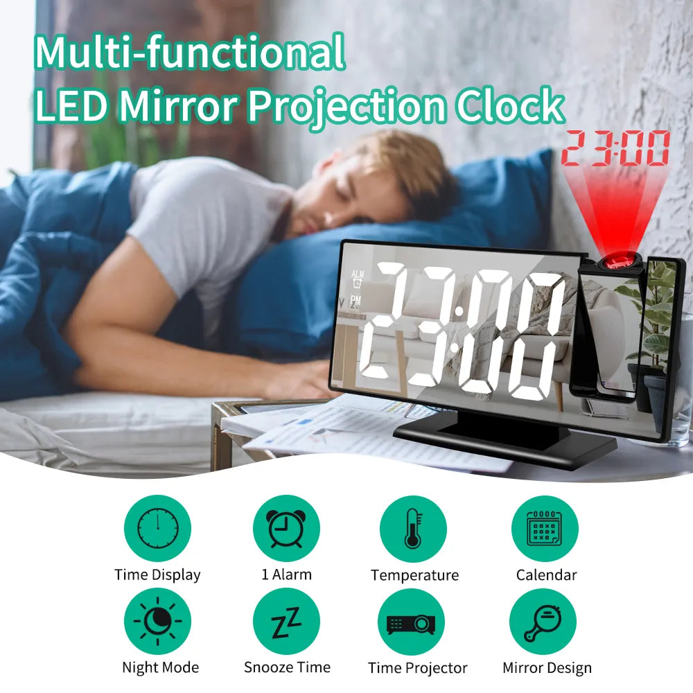 WT-007-UU】Digital Alarm Clock 180° Rotation Projection Alarm Clock with Time Temperature Snooze Table Clock 12/24H USB Projector LED Clock