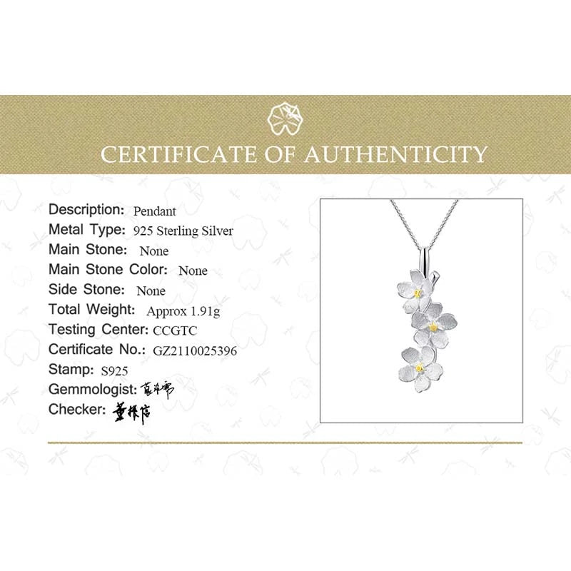 JN-002-UU】Lotus Fun Real 925 Sterling Silver Long Elegant Forget-me-not Flower Pendant Fashion Jewelry Chains and Necklace for Women Gift