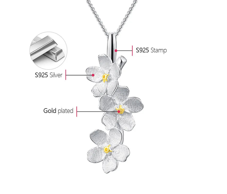 JN-002-UU】Lotus Fun Real 925 Sterling Silver Long Elegant Forget-me-not Flower Pendant Fashion Jewelry Chains and Necklace for Women Gift