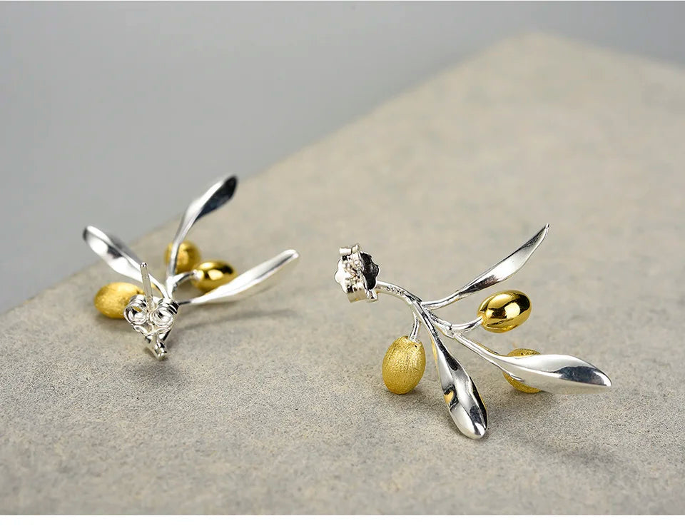 JE-009-UU】Lotus Fun Olive Leaves Branch Fruits Unusual Earrings for Women Real 925 Sterling Silver Original Statement Wedding Fine Jewelry